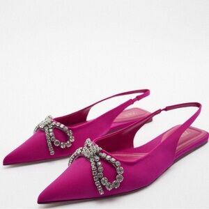 Zara Fuchsia Satin Slingback Flats with Rhinestone Bow – Size 9